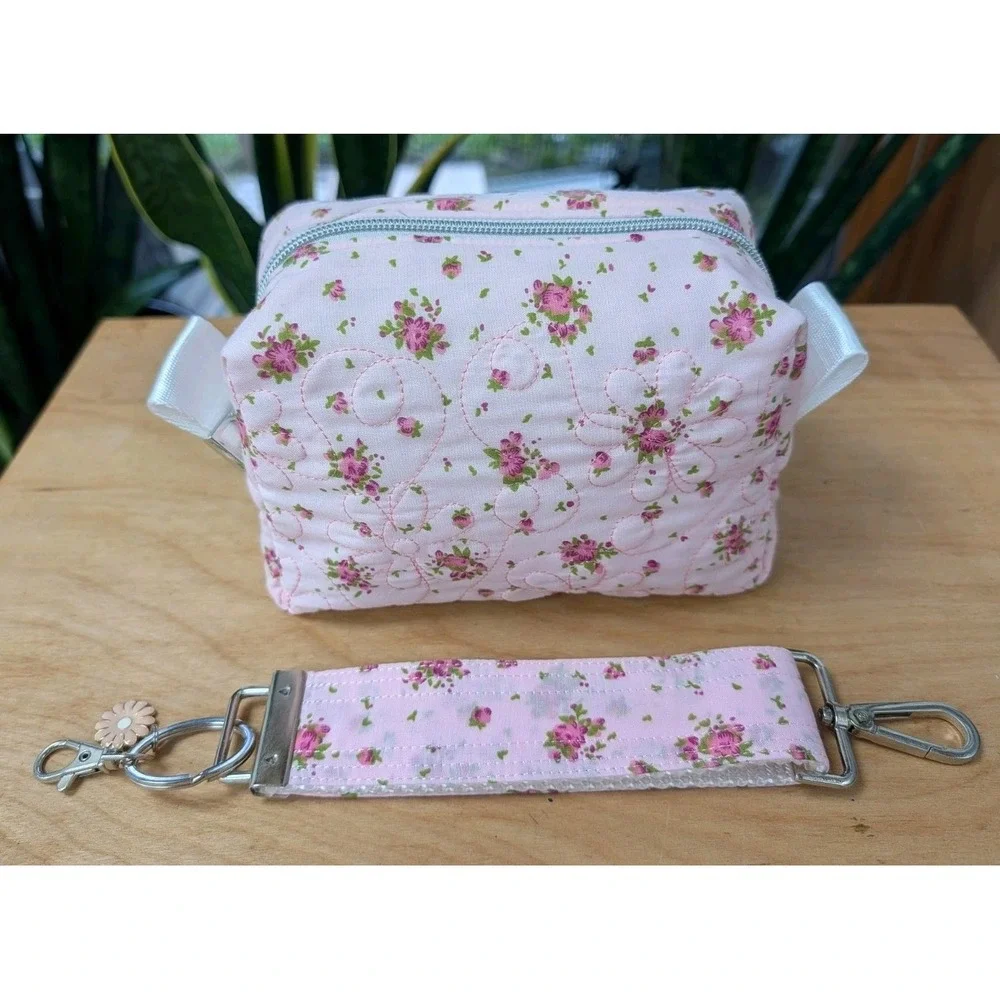 Embroidered MAKEUP Cosmetic Toiletries Pink Rose Floral + Matching Key Fob SET